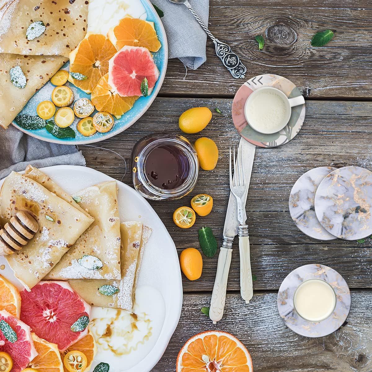 DOOKE Drink Coasters Set of 6, Round Absorbent Ceramic Stone Coasters with Cork Base, Funny Drink Coasters with Holder for Cold Drinks Wine Mugs and Cups, 4 Inch, Marble