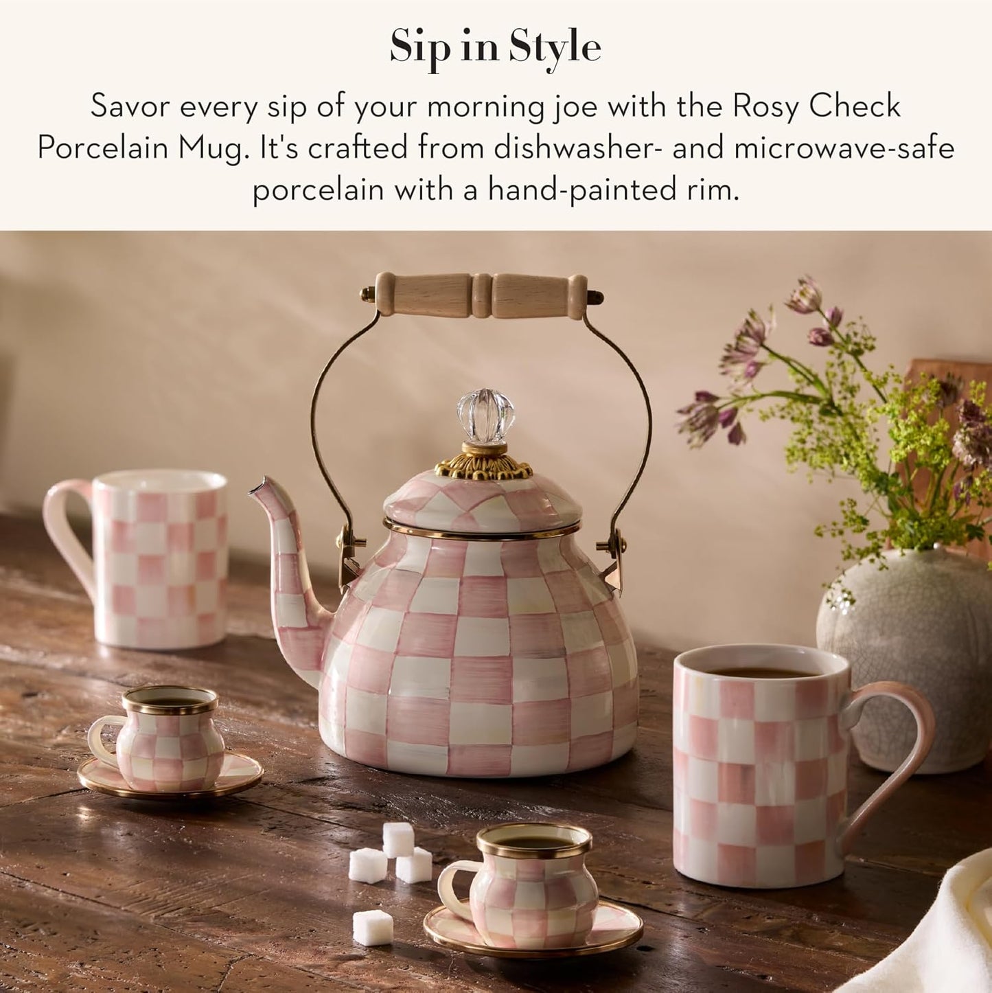 MACKENZIE-CHILDS Porcelain Mug, Tea and Coffee Mug, Pink-and-White Rosy Check