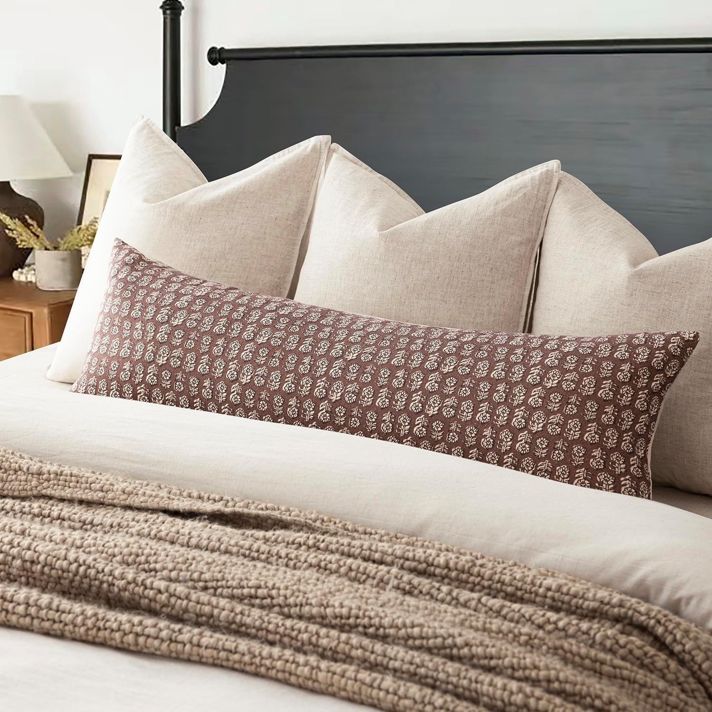 Foindtower Set of 2 Decorative Vintage Long Lumbar Throw Pillow Covers Neutral Modern Farmhouse Cushion Covers Floral Home Decor for Sofa Couch Chair Bedroom Living Room,14×36 Inch,Wine Red