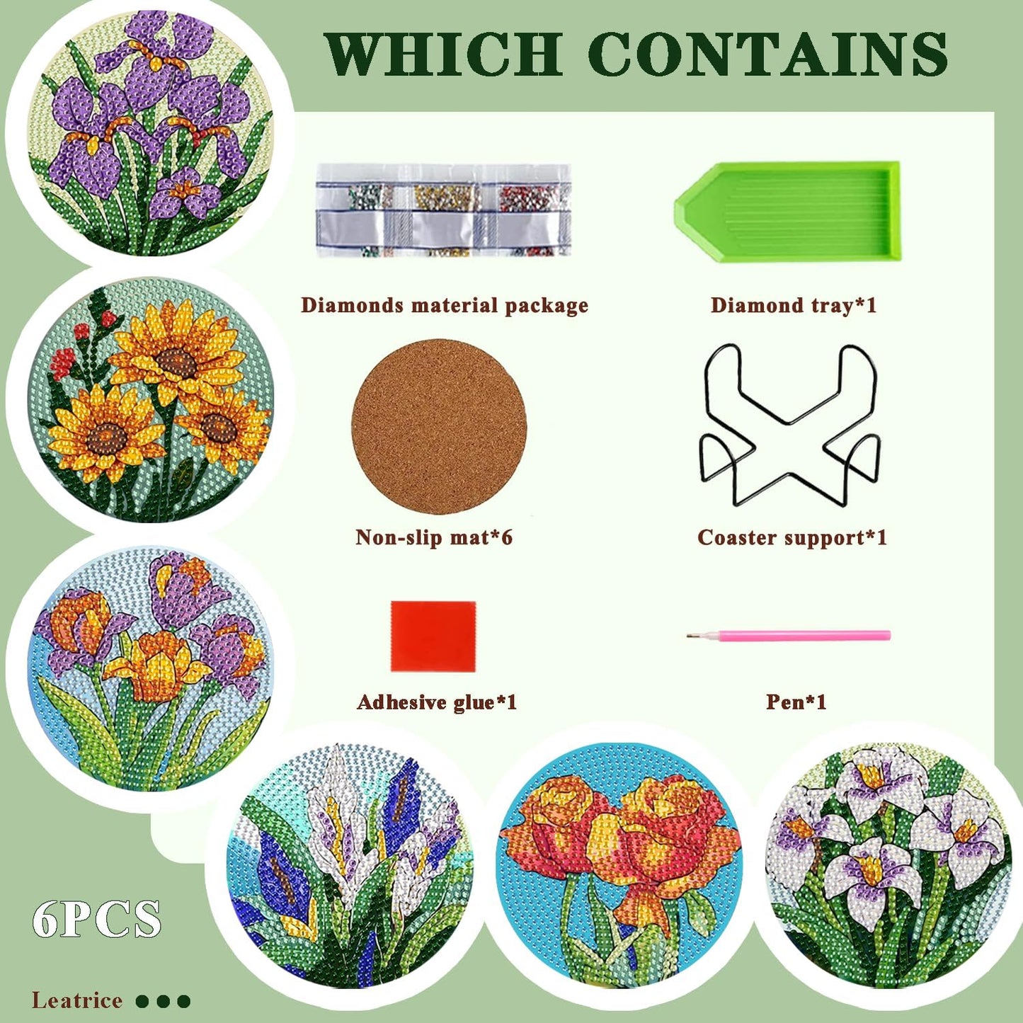 Leatrice 6PCS Flower Diamond Art Coasters Small Diamond Painting Kits for Adults Diamond Dots Round Full Drill Diamond Coasters with Holder Easy Art Crafts for Beginners Women