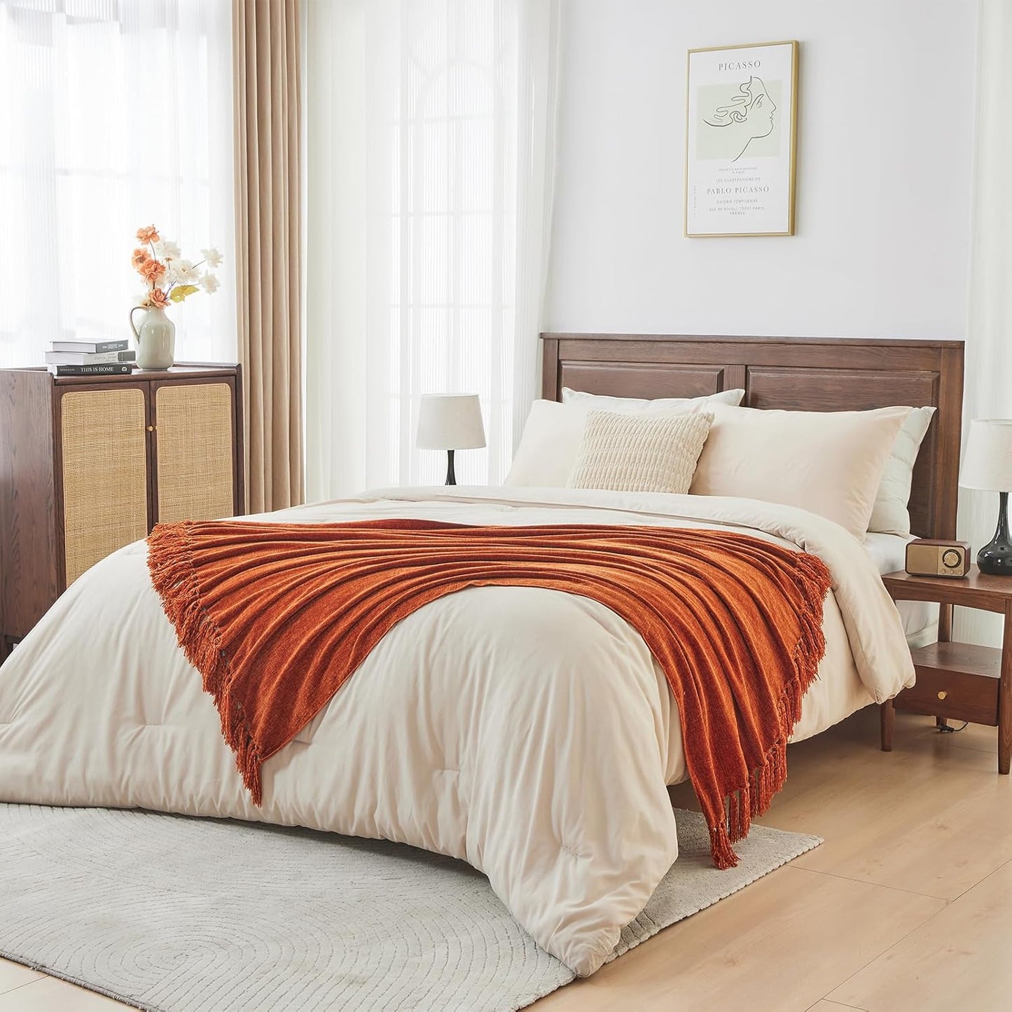 CozeCube Chenille Throw Blanket for Couch, Cozy Plush Fuzzy Decorative Rust Orange Blanket with Fringe Tassels, Lightweight Throws for Bed Sofa Gift Home Decor, 60"X80"