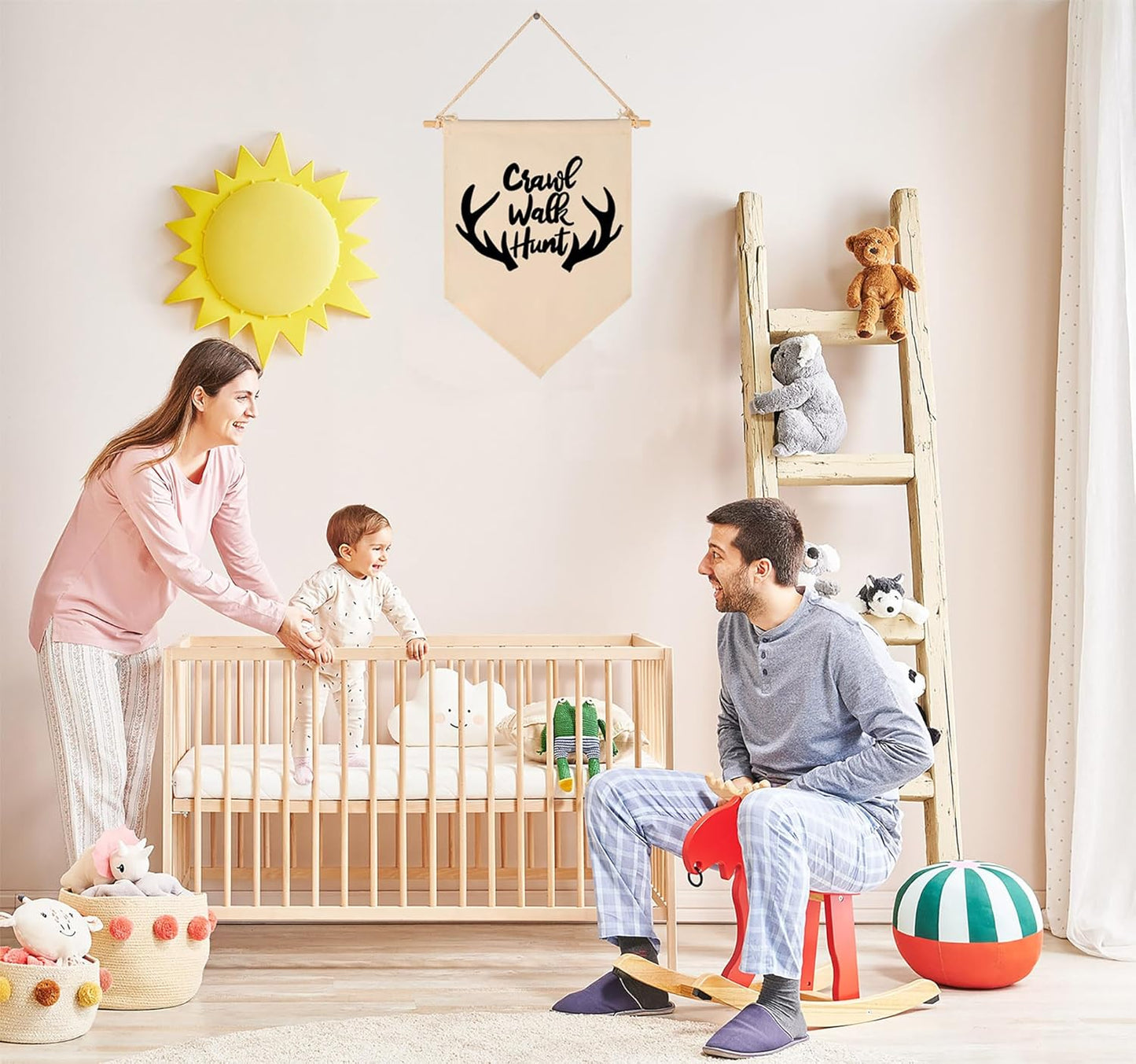 Crawl Walk Hunt,Woodland Deer-Flag Sign Gifts for Baby Newborn Boys Girls Kids-Banner Wall Decor Present for Nursery Bedroom Playroom Front Door-Baby Gift Shower-New Home Birthday Christmas Gift