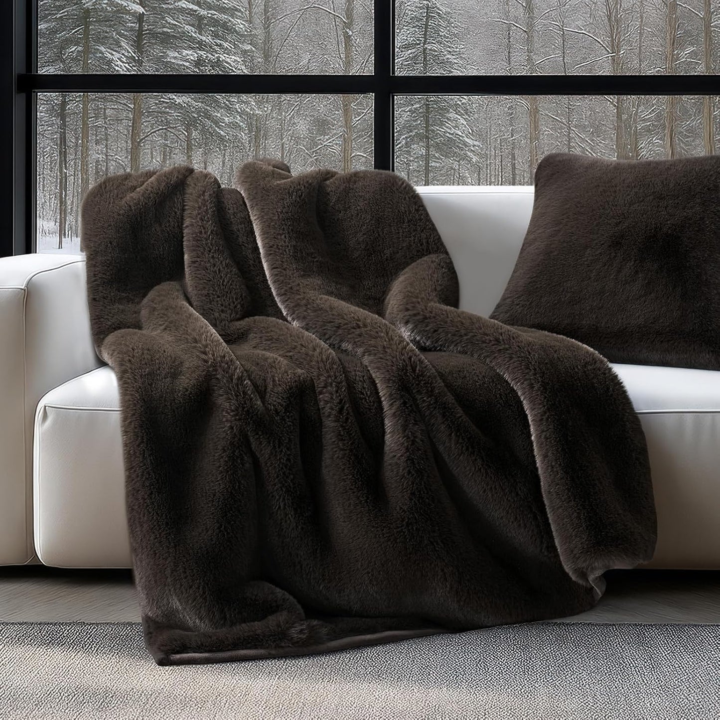 EVERGRACEHOME Luxury Soft Faux Chinchilla Fur Throw Blanket for Couch, Warm Thick Heavy Winter Throw Blanket 1220GSM for Bed, Fluffy Cozy Mink Blanket with Reversible Velvet, Espresso Mink, 60"x80"