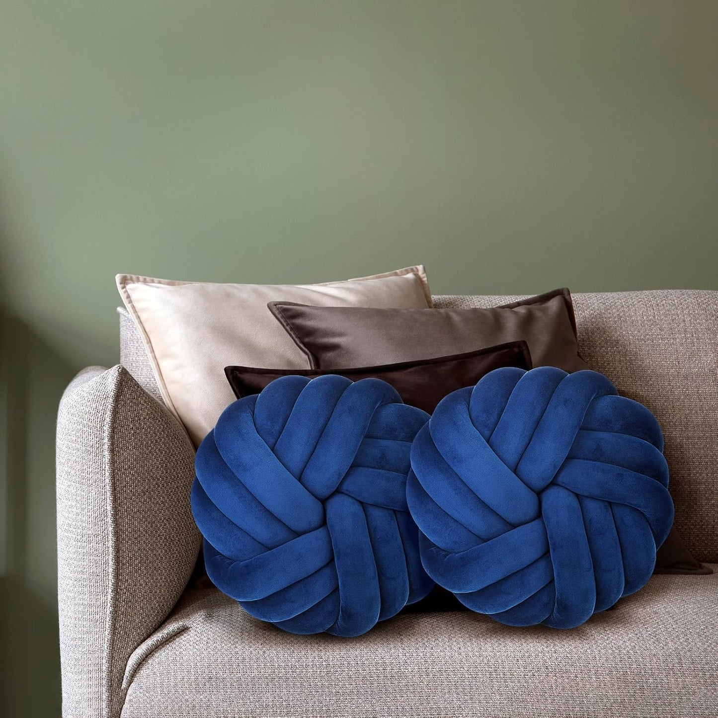 Fumete 2 Pcs 14 Inches Knot Pillow Round Throw Soft Plush Knot Ball Pillow Handmade Knotted Modern Home Decorative Cushion for Bed Bedroom, Sofa, Couch (Royal Blue)