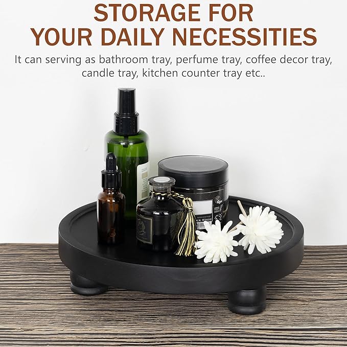 Demigo 10" Acacia Wood Round Tray - Decorative Plant Stand, Farmhouse Countertop Organizer, Multi-Purpose Display Pedestal, Riser Board for Soap, Perfume, Candles, Sponge, Bathroom, Kitchen (Black)