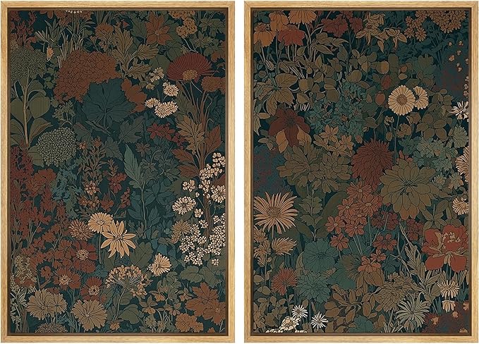 SIGNFORD Framed Canvas Print Wall Art Set Vintage Botanical Floral Dark Green and Rust Toned Illustration Modern Art Decorative Nordic Nature for Living Room, Bedroom, Office - 24"x36"x2 Natural