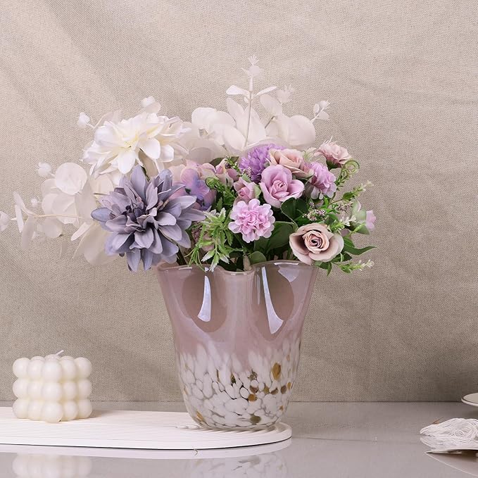 DOVDOV Hand Blown Pink Glass vase, Wave Wide Mouth vase Decoration, Unique Glass vase for Dining Room Table Centerpiece, Living Room TV Stand Decoration, Room Decoration and Office Decoration Flowers
