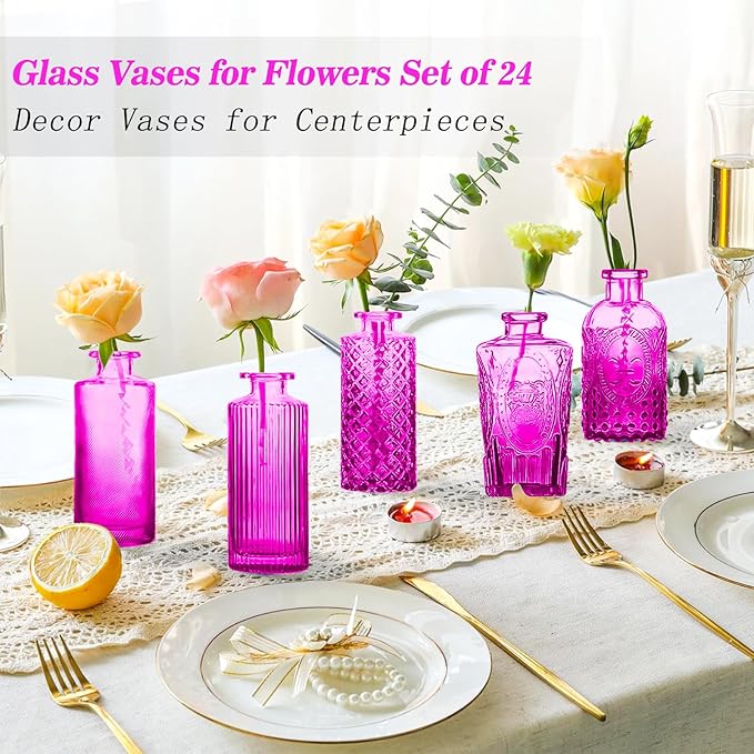Glass Bud Vases Set of 24, Purple Vintage Small Vases for Flowers, Mini Glasses in Bulk, Small Flower Design for Centerpieces Wedding Decorations Home Flower Party Decor