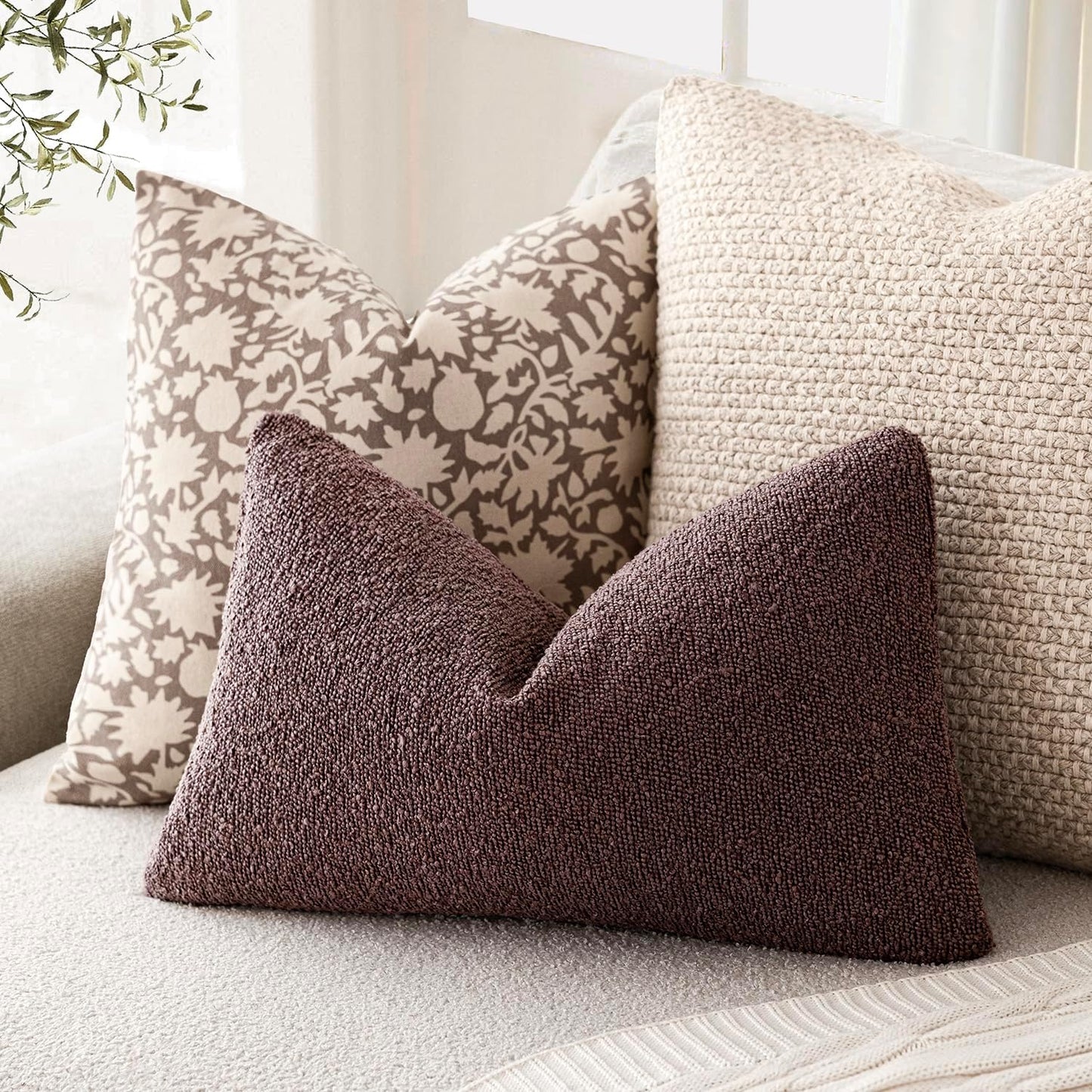 Foindtower Decorative Textured Boucle Throw Pillow Covers Accent Solid Lumbar Pillow Cases Neutral Soft Cozy Couch Cushion Case for Chair Sofa Bedroom Living Room Home Decor 12x20 Inch,1PC,Dark Purple