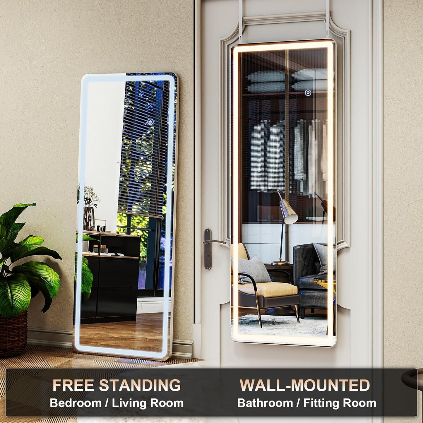 LED White Round Corner Door Hanging Full Length Mirror - 16“ x 48” Adjustable Brightness, Touch Screen Controls, Wall Mounted for Bedroom, Living Room, Cloakroom Dressing Mirror