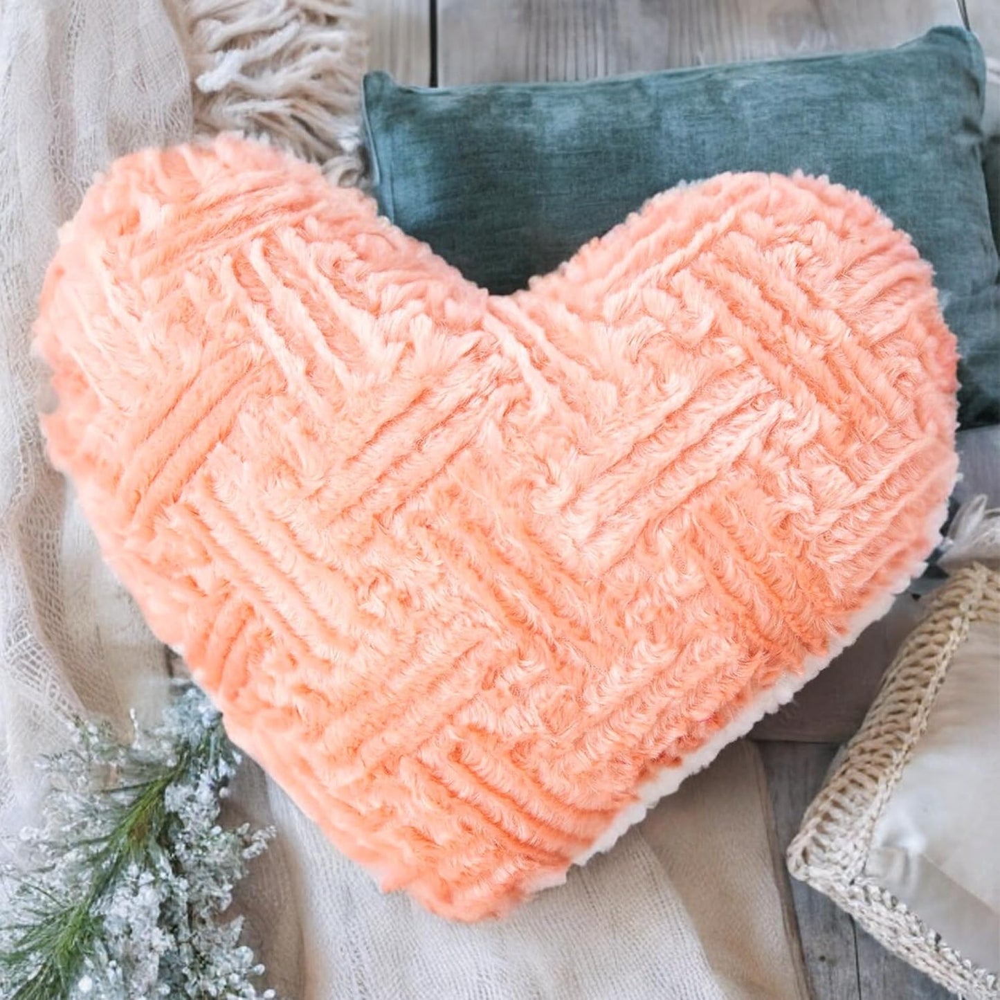DaDa Bedding Heart Shaped Pillow Coral Peach Pink Faux Fur & Sherpa Soft Decorative Throw Pillow - 14x16 inches Coral Peach for Valentine's Day or Any Special Occasion