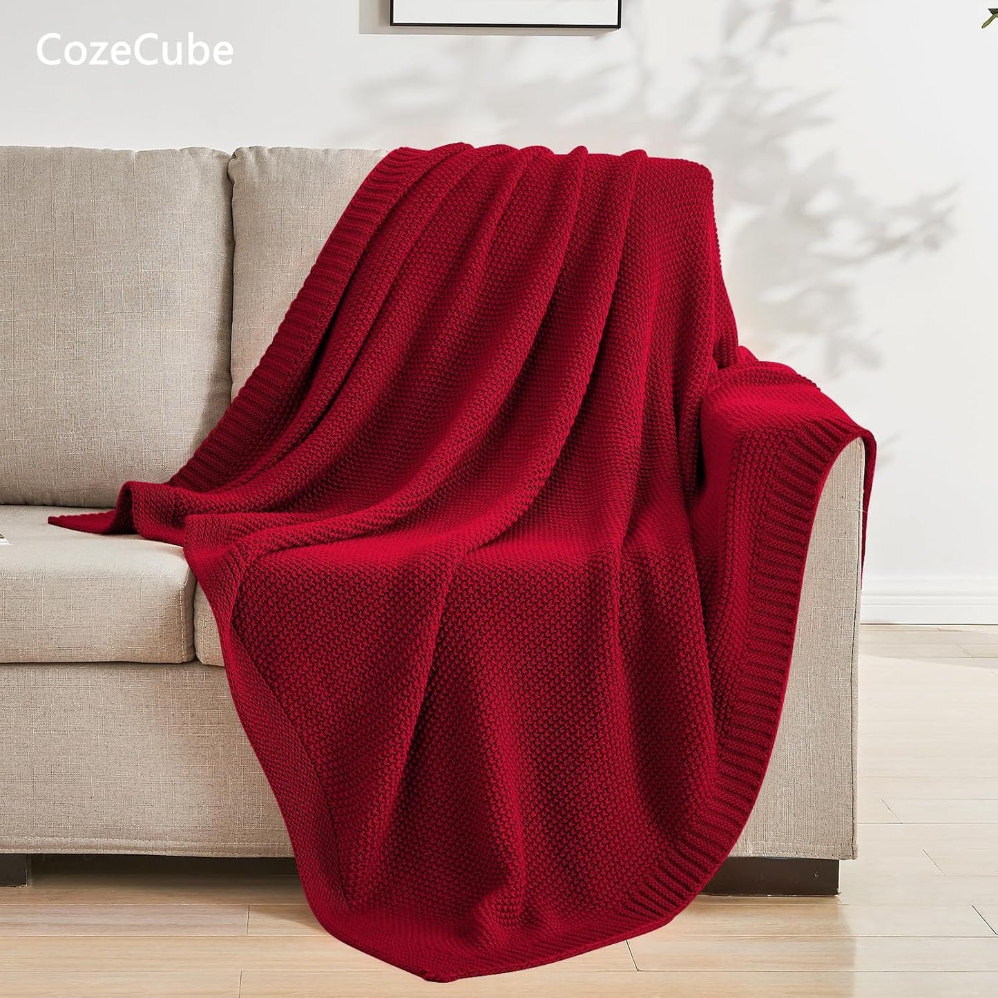 CozeCube Christmas Red Throw Blanket for Couch, Soft Cozy Cable Knit Throw for Bed Sofa Living Room, Lightweight Warm Decorative Farmhouse Christmas Blanket, 60"x80", Red
