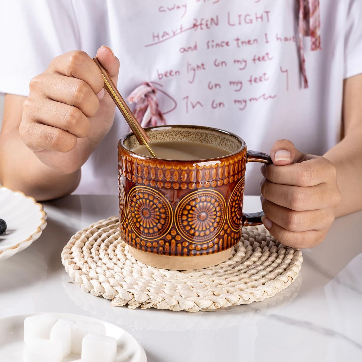 GBHOME 12OZ Stackable Coffee Mugs, Ceramic Coffee Mugs with Texture Patterns for Man,Woman,Dad,Mom, Modern Coffee Mugs Set of 4 for Latte/Cappuccino/Cocoa. Dishwasher&Microwave Safe