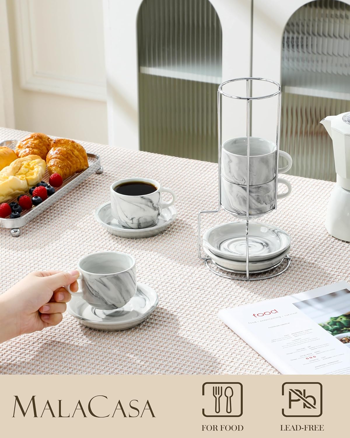 MALACASA 4 OZ Porcelain Espresso Cups with Saucers and Metal Stand Set of 4, Stackable Cappuccino Cups, Marble Gray Expresso Shots Cup Set for Coffee Drinks, Latte, Tea