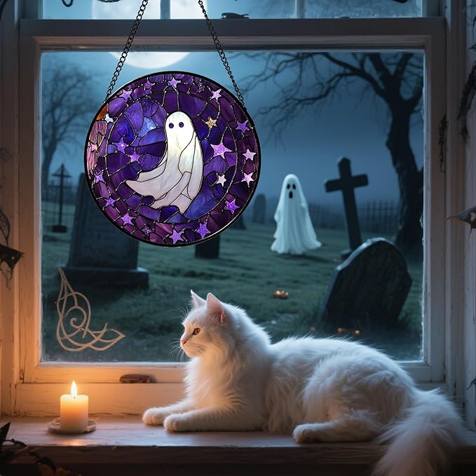 Stained Glass Window Hanging - Halloween Decoration Purple Star White Ghost Suncatcher for Doors Garden Indoor Spooky Sun Catchers Gothic Decor Horror Gifts for Women Men Friend 6.3 in