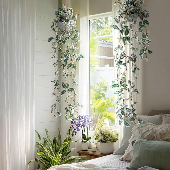 2PCS Artificial Hanging Plant with Pot Faux Hanging Plants Small Hanging Plants Pot with Artificial Vines and Flower Greenery Decoration for Living Room Wall Home Wall Shelf