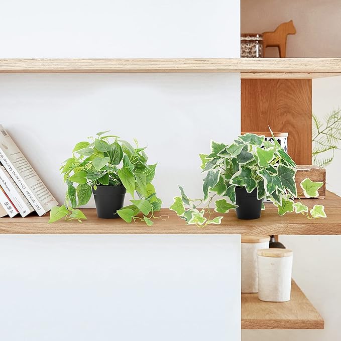 2 Pack Fake Plants Decor, Artificial Plants for Home Decor Indoor, Fake Ivy Potted Plants for Shelf Decor Realistic Faux Plants Indoor with Pot for Home Living Room Bedroom Office Decoration