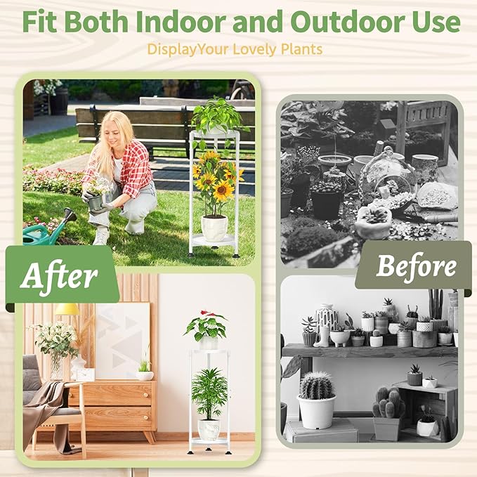 KMOTASUO 2 Tier Plant Stand Indoor for Large Tall Heavy Duty Planter, Multiple Sturdy Metal Flower Corner Rack for Narrow House Floor, Iron Vertical Level Round Orchi Holder Organizer, White