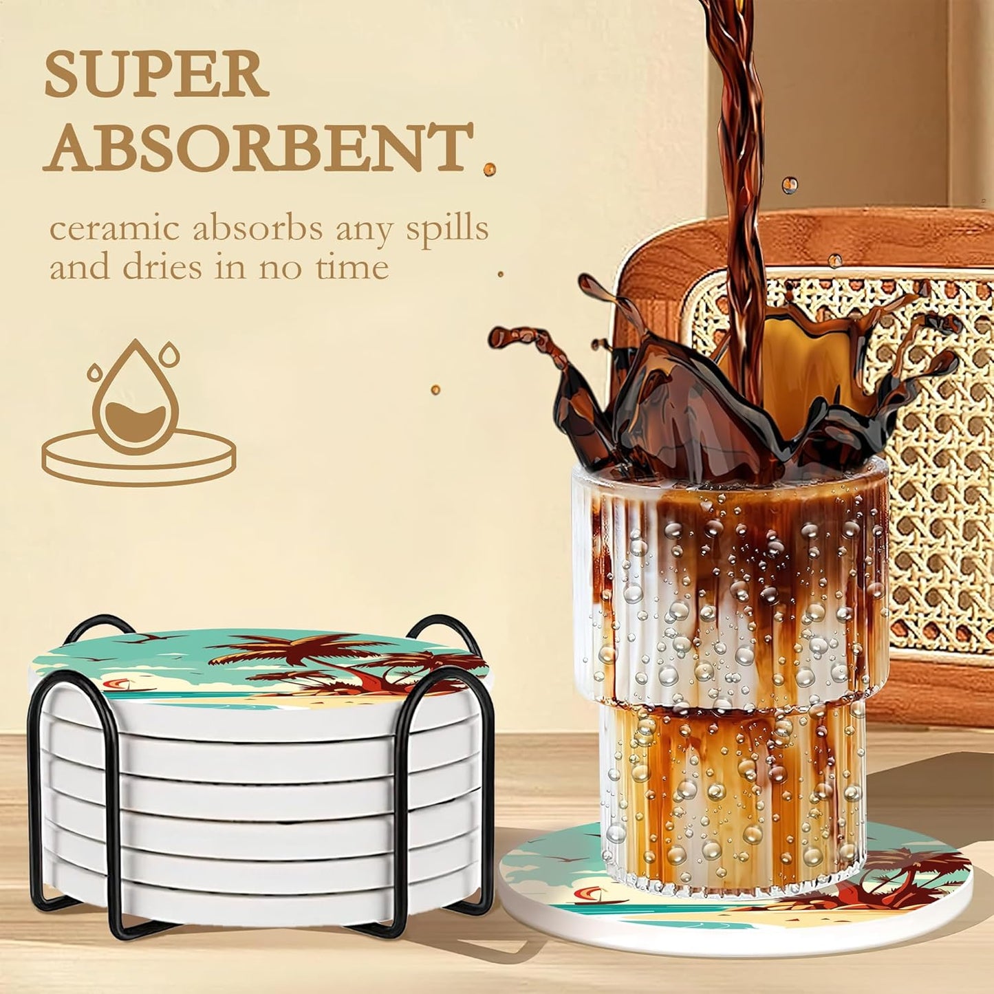 Drink Coasters with Holder,6 Pcs Palm Trees Beach Sunset Absorbent Ceramic Drink Pads, Non-Slip Table Protectors for Coffee & Glasses