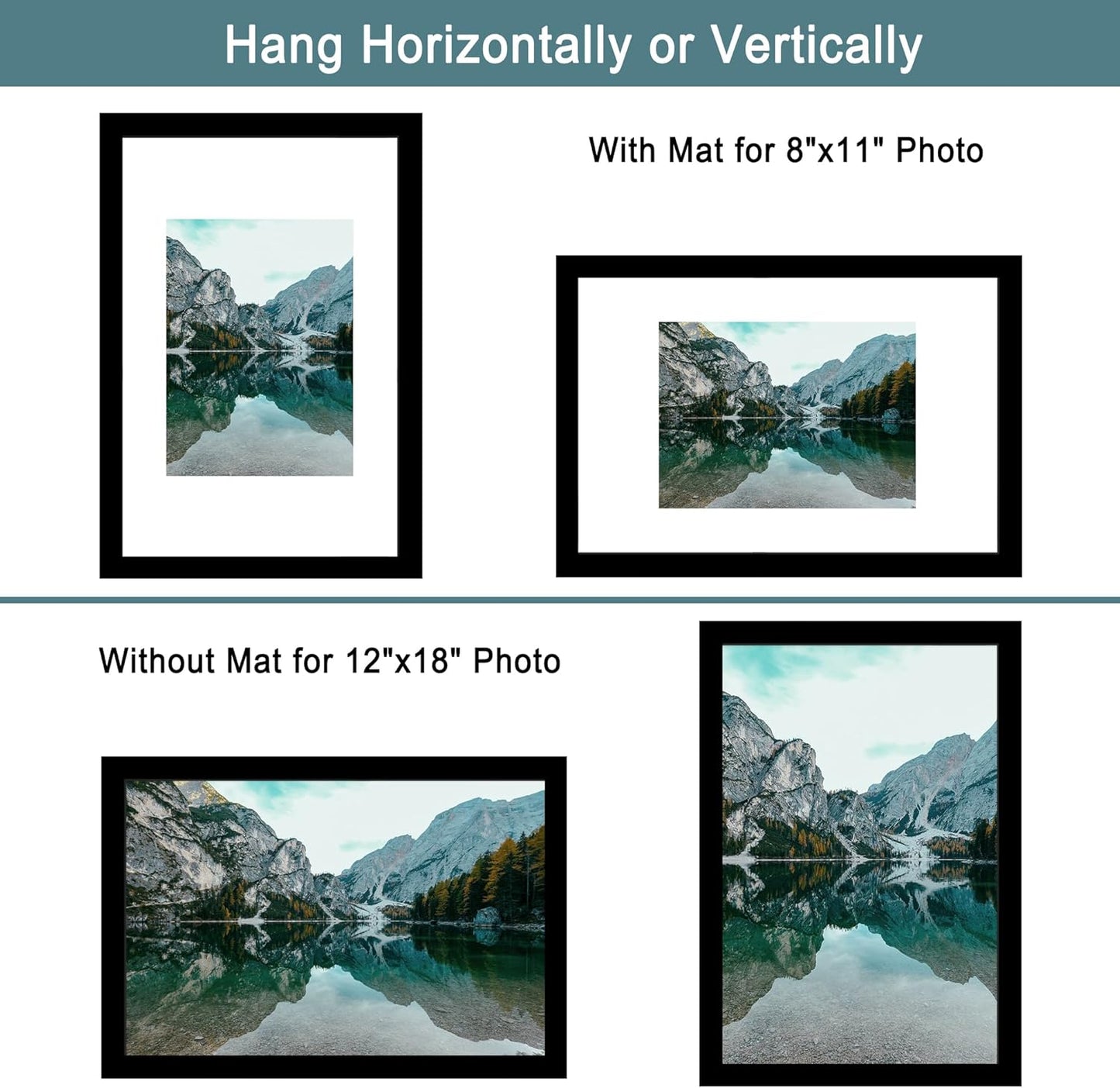 iRahmen 12x18 Picture Frame Set of 2 with Plexiglass, Black Poster Frame Display 8x11 Picture with Mat or 12 x 18 Without Mat, Wood Photo Frame for Horizontal or Vertical Wall Mounting