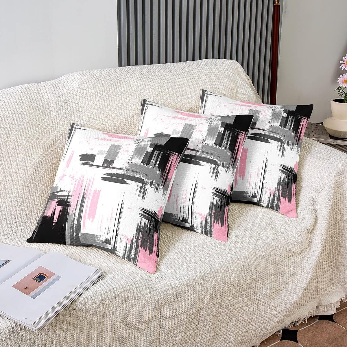 Feelyou Abstract Throw Pillow Covers for Couch Sofa Bed, Set of 2 Modern Abstract Art Decorative Pillows Cushion Covers, Retro Pink White Black Pillow Inserts Not Included, 18x18 inch