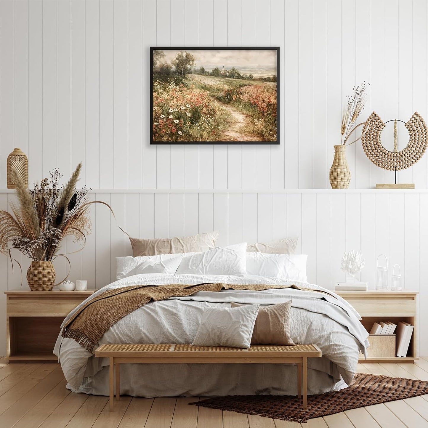 Landscape Wildflower Wall Art Nature Botanical Floral Posters Retro Cottagecore Plant Paintings Canvas Prints 24x36 inch Black Framed for Farmhouse Living Room Wall Decor