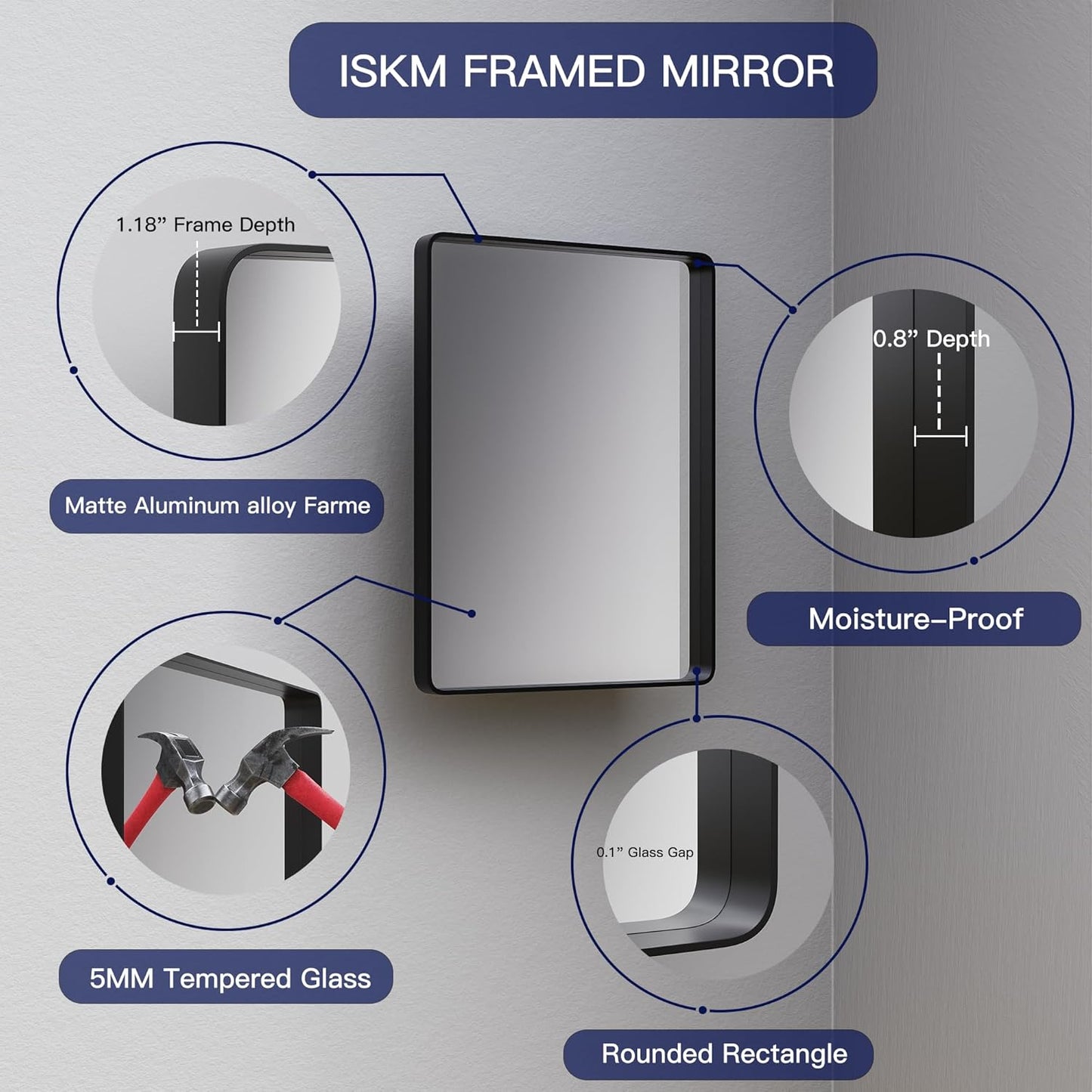 ISKM 32"x 32" Black Framed Bathroom Mirror for Wall, Bathroom Vanity Mirror Anti-Rust, Tempered Glass, Rounded Rectangle Mirror(Horizontal/Vertical)