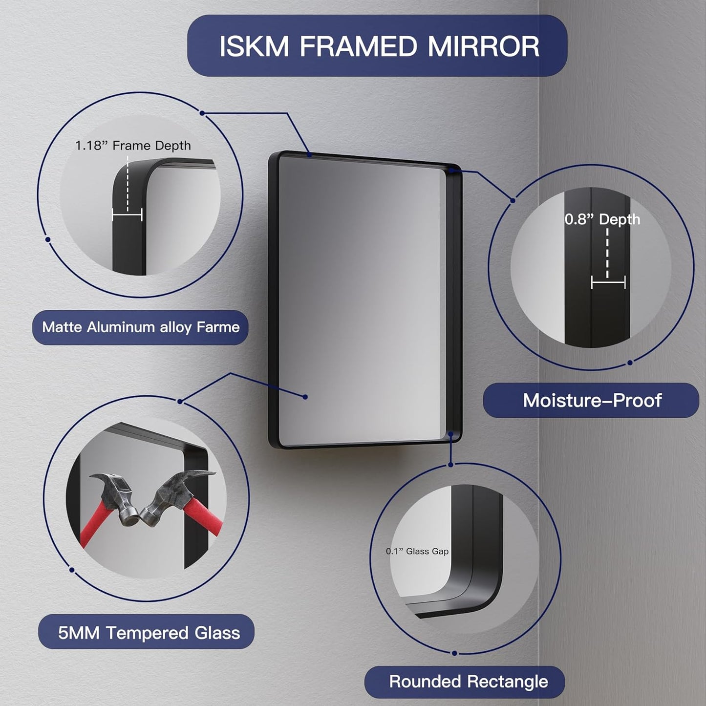 ISKM Silver Framed Mirror for Wal Bathroom Mirror for Wall 40" x 36" Matte Framed Vanity Mirror, Shatter-Proof, Tempered Glass, Rounded Rectangle Mirror(Horizontal/Vertical)