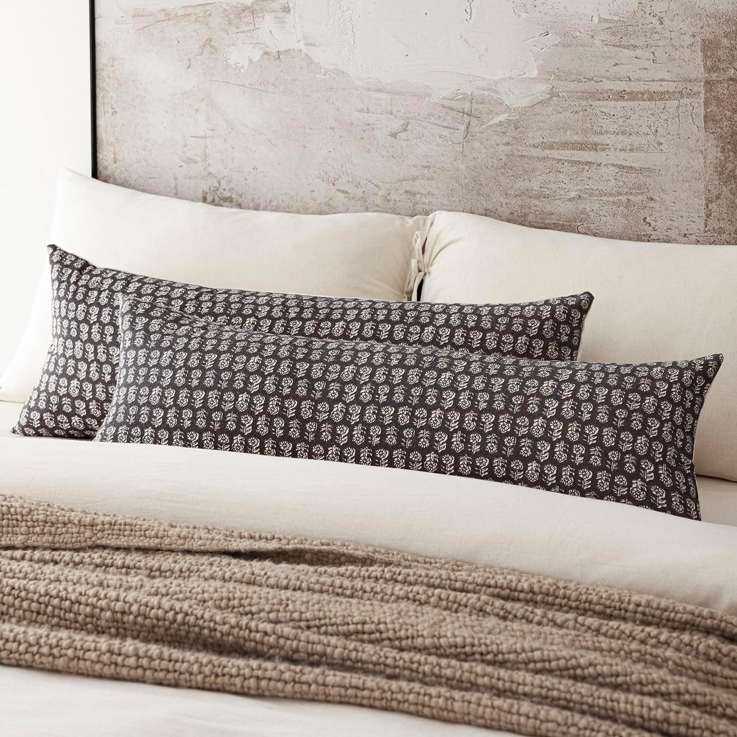 Foindtower Set of 2 Decorative Neutral Body Lumbar Throw Pillow Covers Vintage Accent Farmhouse Cushion Covers Boho Floral Home Decor for Sofa Couch Chair Bedroom Living Room,14×36 Inch,Black