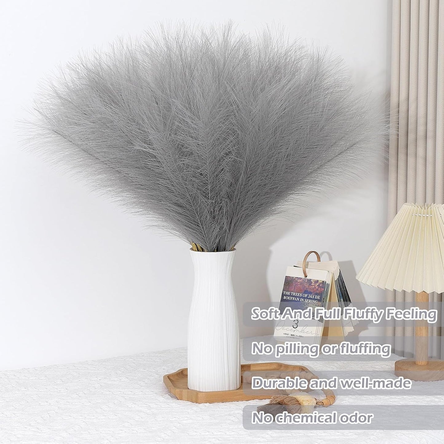 Grey Pampas Grass Decor 30 Pcs 21.7 Inch Faux Gray Pampas Grass Bulk Artificial Dried Flowers Small Vase Filler Pompas Grass.