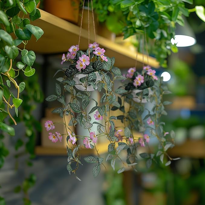 2PCS Artificial Hanging Plant with Pot Faux Hanging Plants Small Hanging Plants Pot with Artificial Vines and Flower Greenery Decoration for Living Room Wall Home Wall Shelf(Pink)