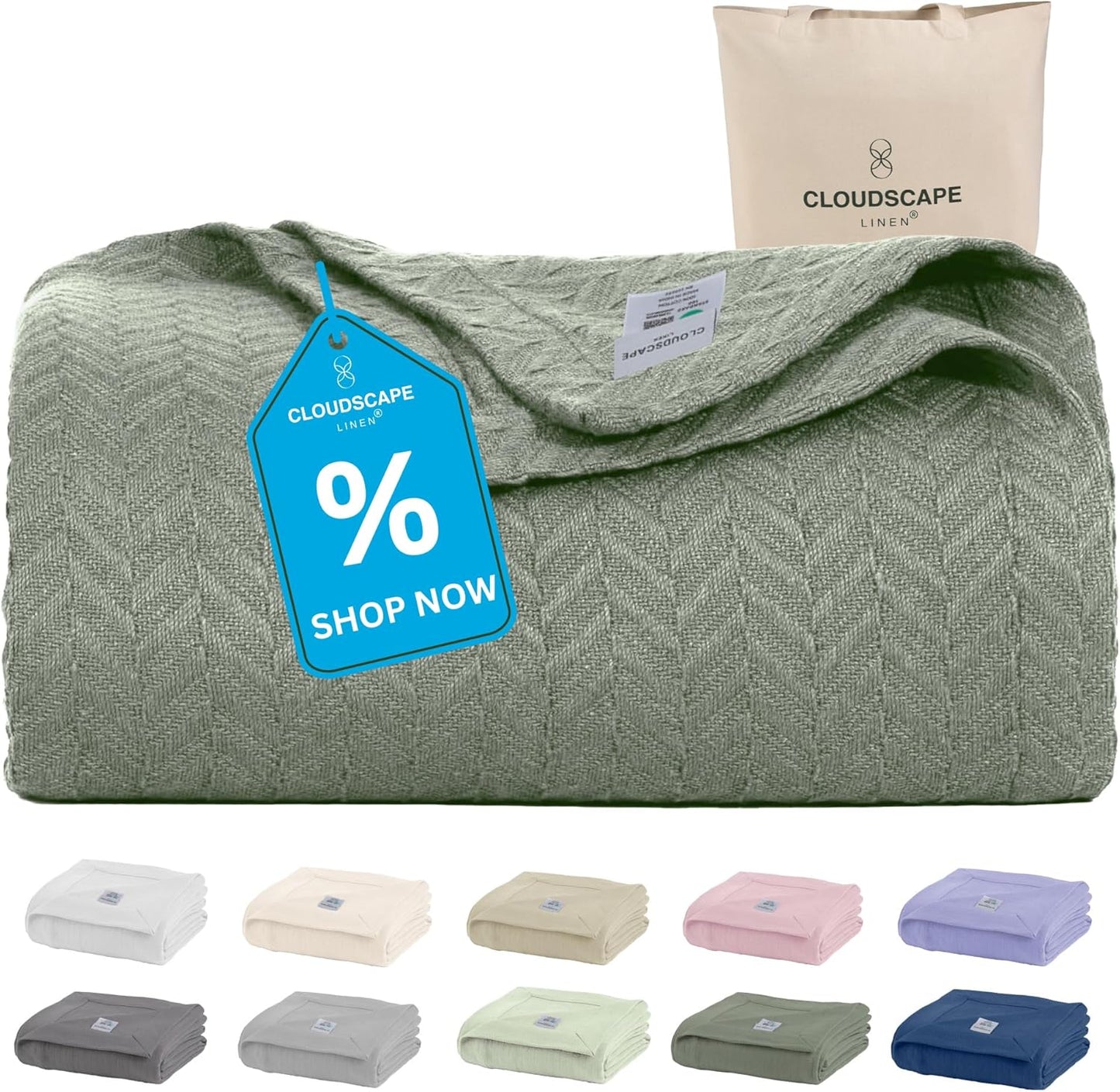 Cloud Scape Linen 100% Cotton Blanket Queen Size - Lightweight All Season & Breathable Blanket, Herringbone Weave, Best Gift for Women, Mom, Men,fits Full Size Bed, 92x92, Olive Green