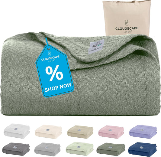 Cloud Scape Linen 100% Cotton Blanket Queen Size - Lightweight All Season & Breathable Blanket, Herringbone Weave, Best Gift for Women, Mom, Men,fits Full Size Bed, 92x92, Olive Green