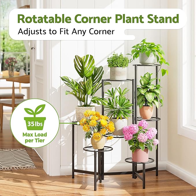 Corner Shelf Patio 7 Tier Metal Plant Stand Indoor Outdoor Tall Metal Flower Pot Stands for Multiple Plants Heavy Duty Plant Shelf Black Kite