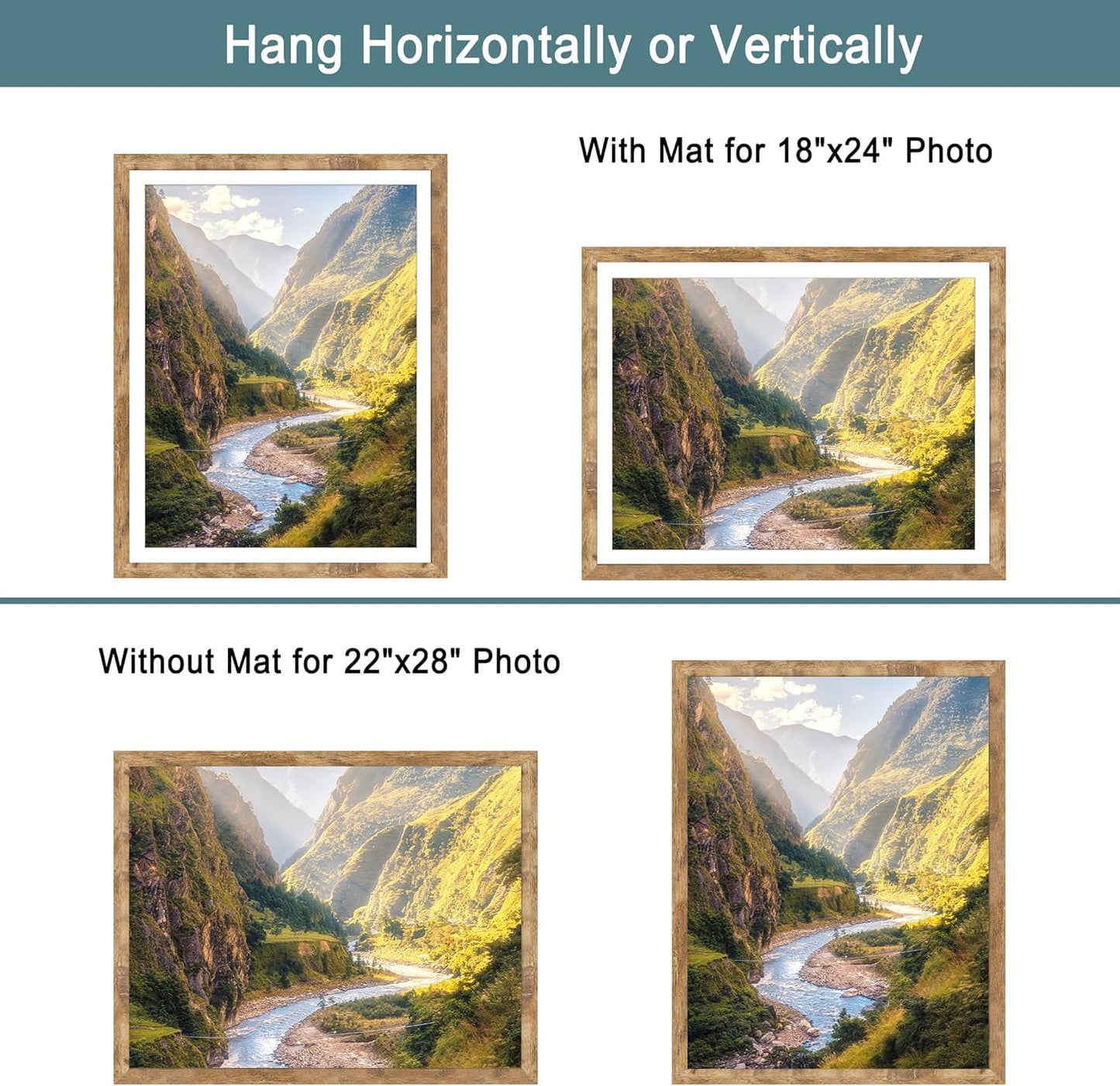 iRahmen 22x28 Poster Frame Set of 2 with Plexiglass, Wood Picture Frames for Wall Mounting Display Picture 18x24 with Mat or 22 x 28 Without Mat