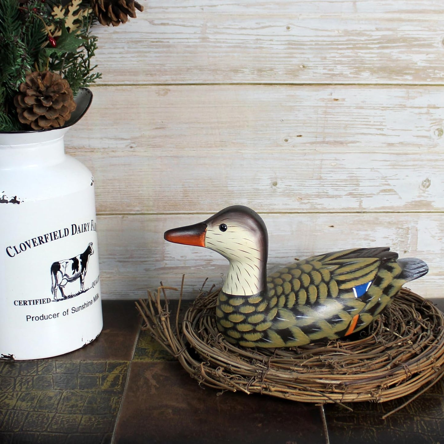 CVHOMEDECO. Primitives Hand Engraving and Painted Wood Duck Decor Farmhouse Figurine Mallard Decorative Accent, 10 Inch, Brown