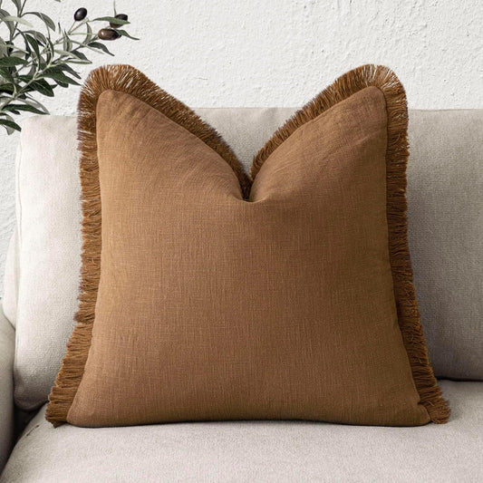 Foindtower Decorative Linen Fringe Throw Pillow Covers Cozy Boho Farmhouse Cushion Cover with Tassels Soft Accent Pillowcase for Chair Sofa Bed Living Room Home Decor, 20×20 Inch, 1PC,Orange Brown