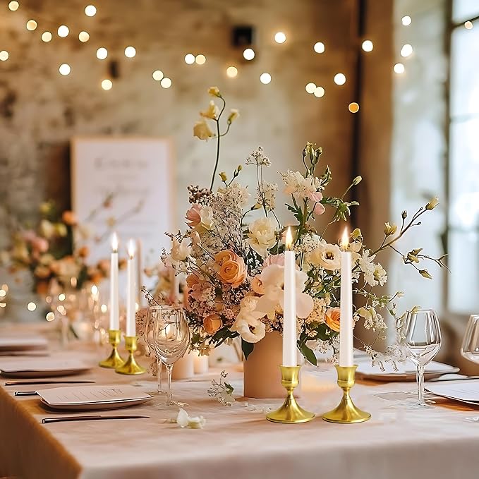 Vintage Gold Taper Candle Holders, Set of 2, Metal Taper Candlestick Holder for Dinner Room Table Centerpiece, Wedding Reception, Festive,Mantel Decoration, Home Decor (Titanium Gold)