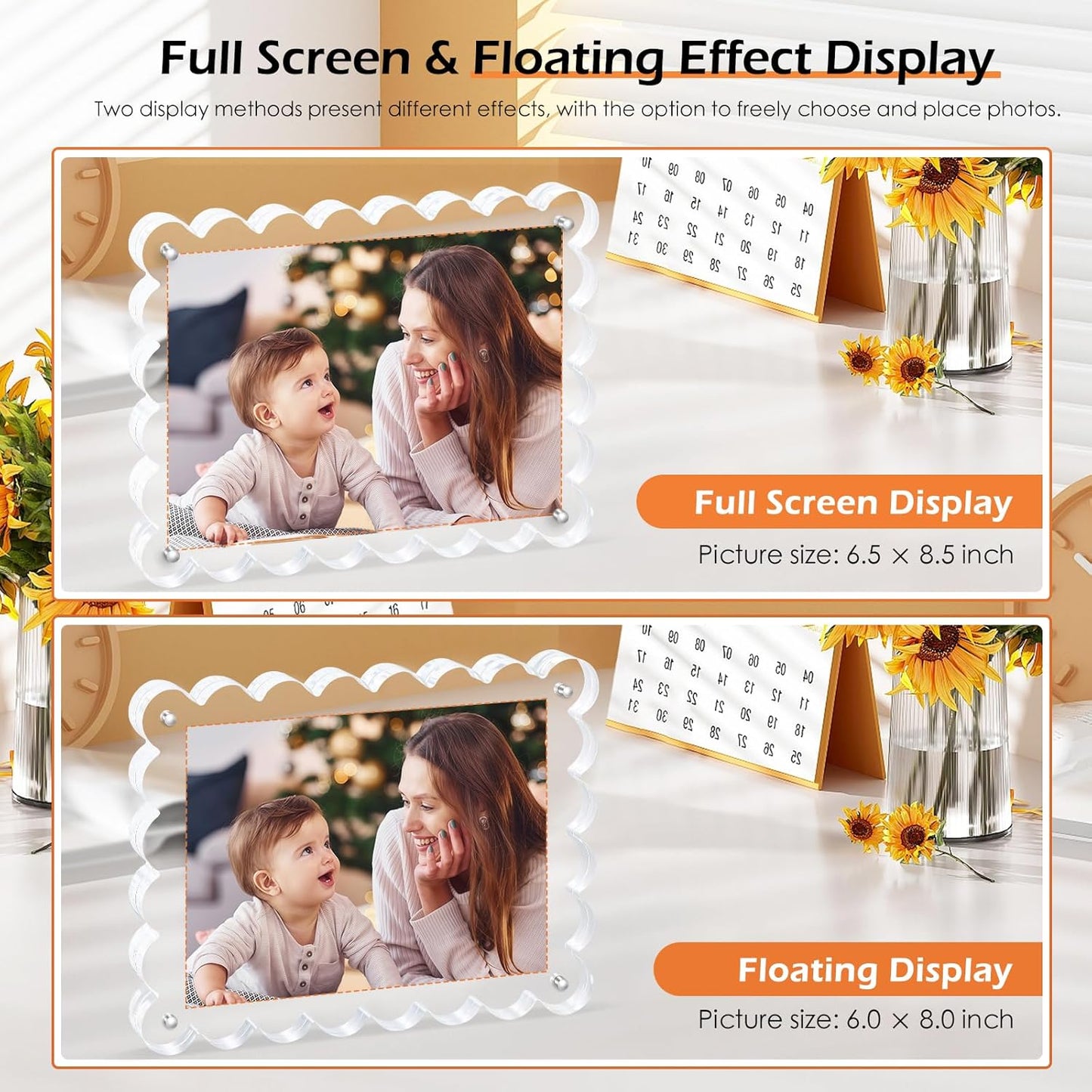 Magnetic Photo Frame 6×8Inch -3Pack Acrylic Scalloped Glass Frames, 12+12mm Thick Double-Sided Design, Clear Picture Frame with Thick Block | Trendy Home Gift Set Stylish Acrylic Frames (3Pack, 6×8)