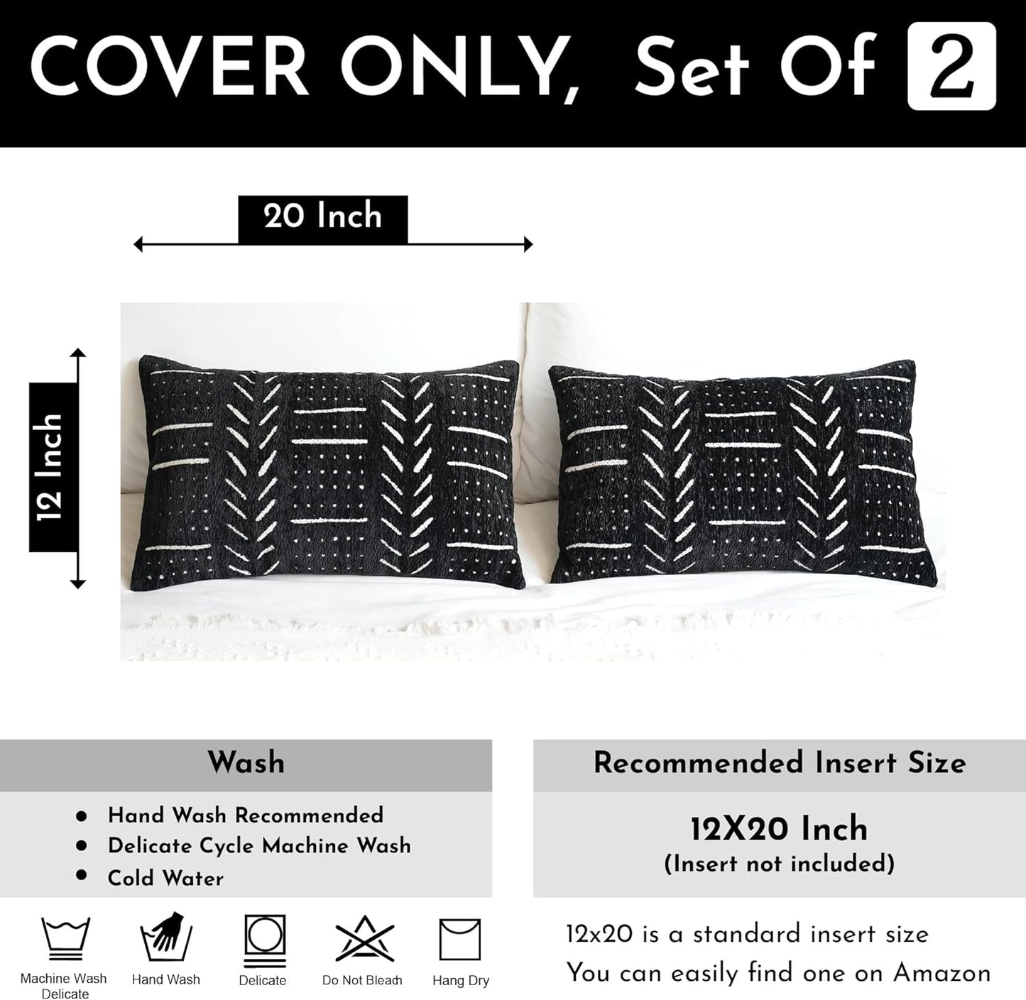 BlissBlush Black Decorative Lumbar Throw Pillow Covers 12X20, Set of 2, Boho Farmhouse Cushion Cover, Soft Accent Pillowcase for Couch Sofa Bed Living Room Home Décor