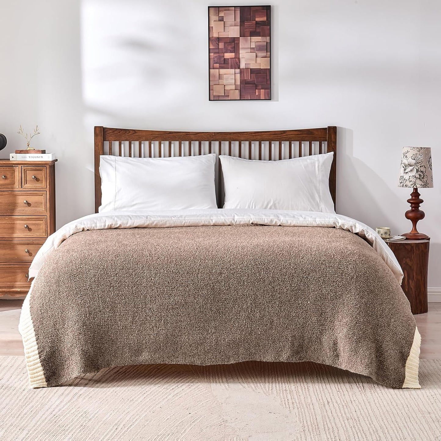 CozeCube Super Soft Fullfy Microfiber Reversible Knitted Blankets, Warm Cozy Fuzzy Plush Throw, Dark Brown and White Melange Throw Blanket for Couch Bed Sofa, 60" x 80"