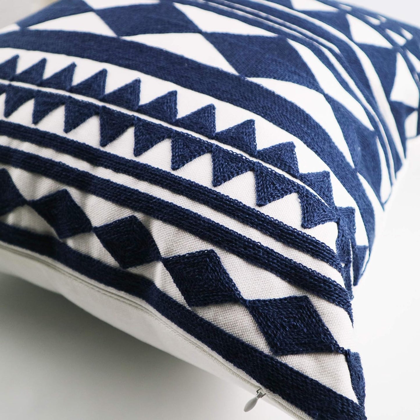 Embroidery Throw Pillow Cover 18x18 Home Décor Navy Blue Geometric Cushion Cover Diamond Triangle Pillow Case Floor Pillow Cover for Couch Sofa Chair 100% Cotton 45x45cm, 1 Piece