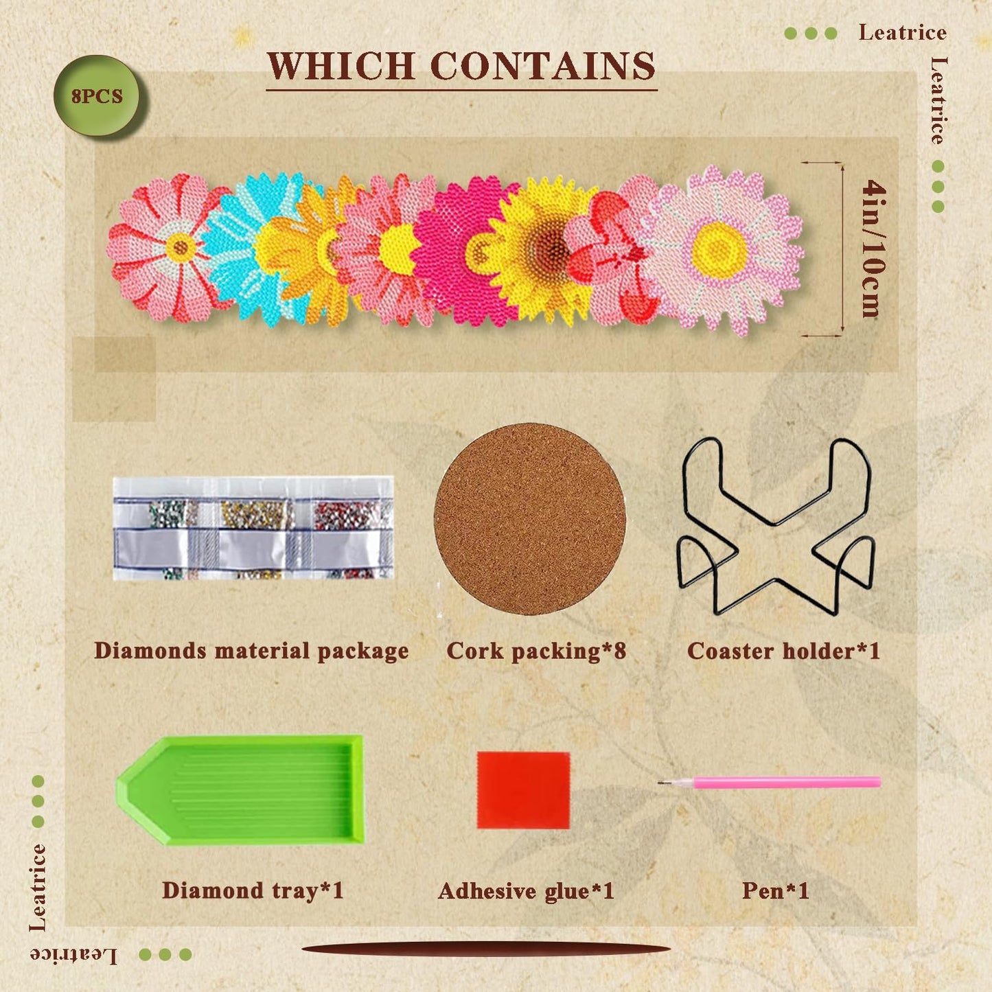 Leatrice 8PCS Flower Diamond Art Coasters Small Diamond Painting Kits for Adults Beginners Women Gem Art Coasters with Holder Funny DIY Crafts for Home Decor