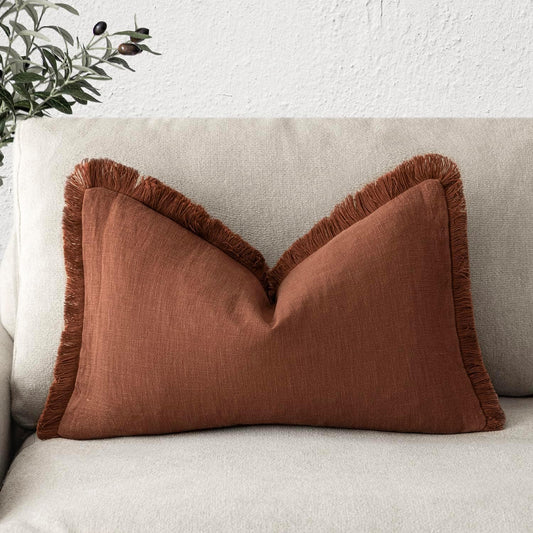 Foindtower Decorative Linen Fringe Lumbar Throw Pillow Covers Boho Farmhouse Cushion Cover with Tassel Soft Accent Pillowcase for Sofa Bed Living Room Home Decor, 12×24 Inch, 1PC,Fall Rust Orange