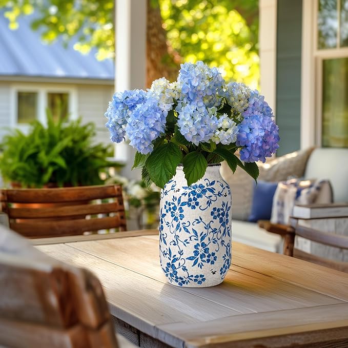 Blue and White Ceramic Vase for Flowers,9 inch Rustic Vintage Chinoiserie Vases Home Decor, Farmhouse Decor, Shelf, Living Room, Bedroom, Table Decoration