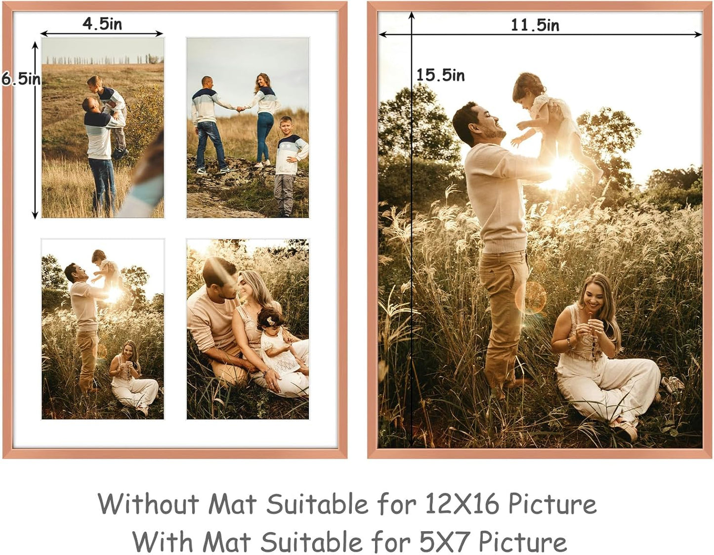 Frametory - 12x16 Aluminum Collage Picture Frame - Display 5x7 Pictures with 4 Openings Mat - Real Glass Front - Horizontal/Vertical Wall Mount - Rose Gold 1 Pack