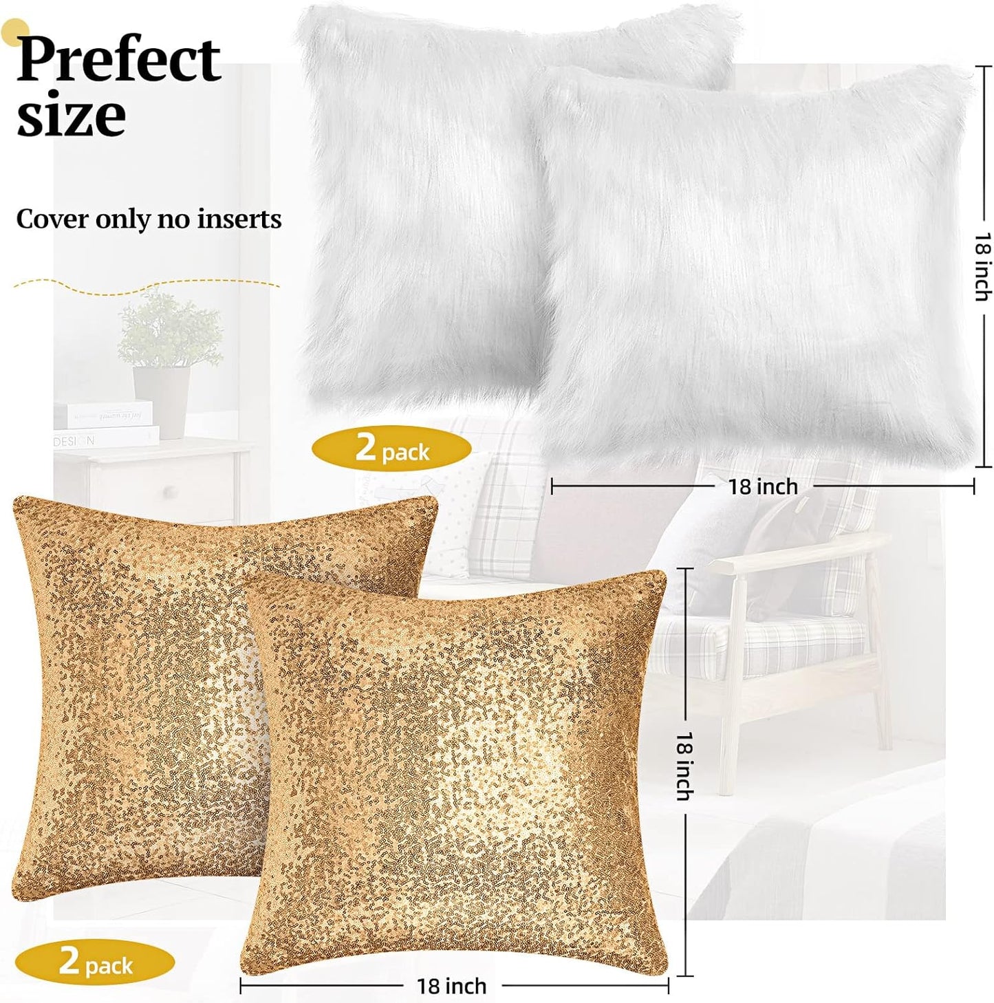 Irenare 4 Pcs Sequin and Fluffy Pillow Covers Winter Throw Pillow Cases Soft Cushion Cover for Couch Bed Sofa Xmas Day(18 x 18 Inch,Gold, White)