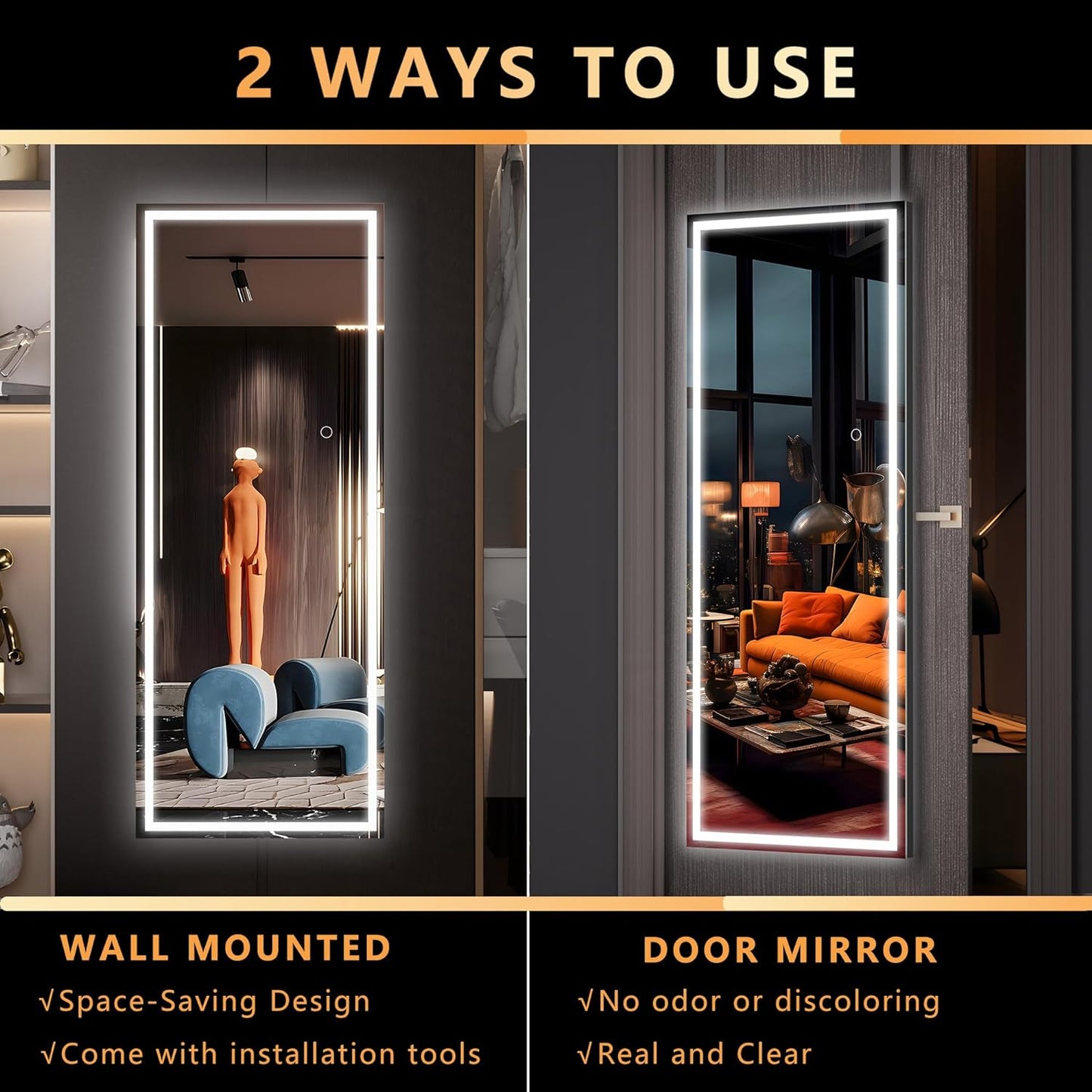 Hasipu LED Over Door Mirror Full Length, 44" x 15.8" Lighted Full Body Wall Mounted Mirror, Light Up Long Dressing Mirror, Square Black