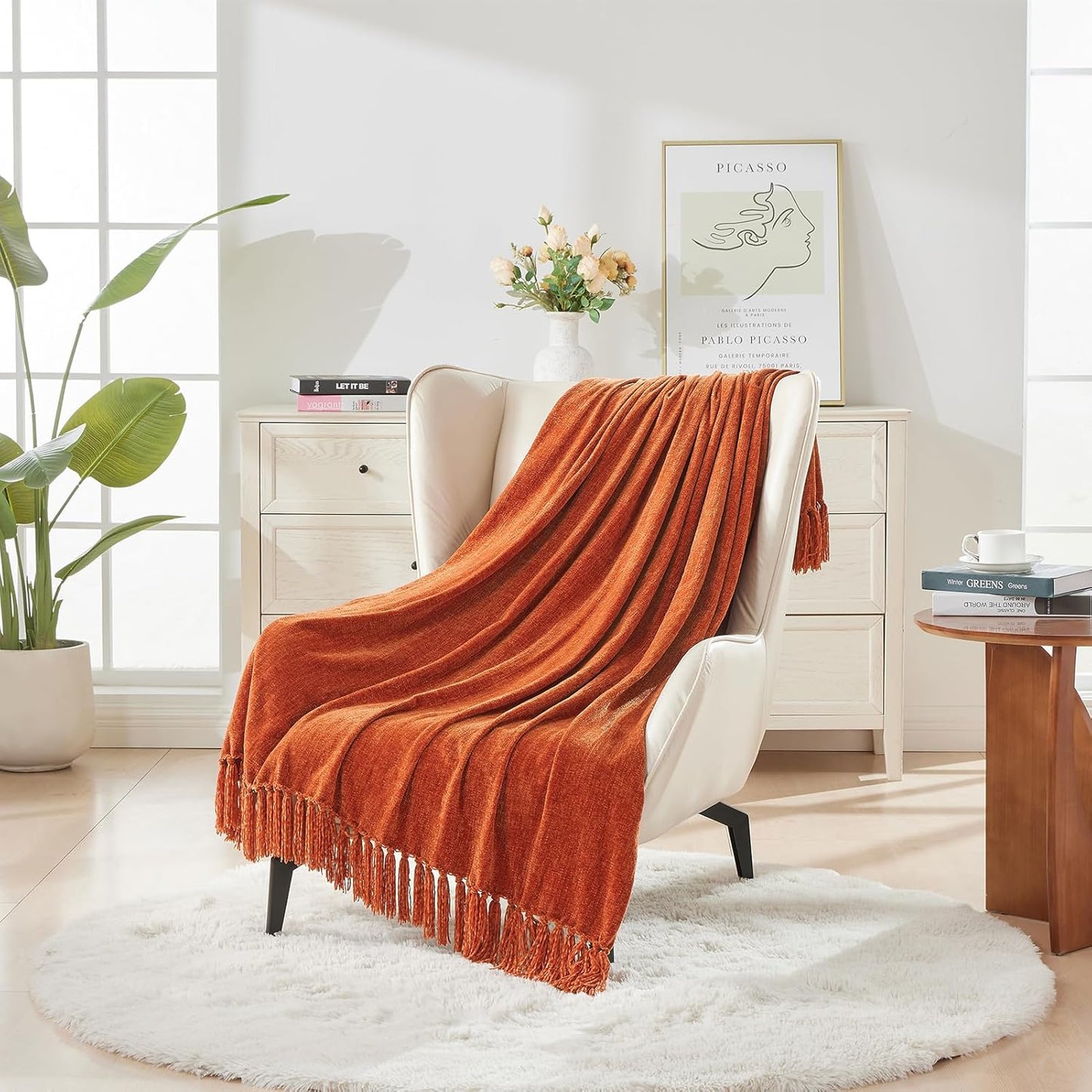 CozeCube Chenille Throw Blanket for Couch, Cozy Plush Fuzzy Decorative Rust Orange Blanket with Fringe Tassels, Lightweight Throws for Bed Sofa Gift Home Decor, 60"X80"