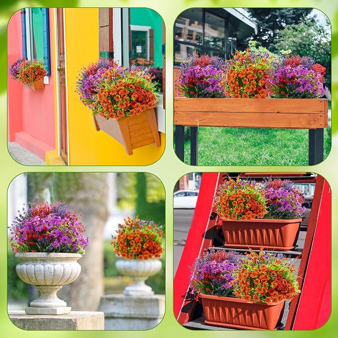 Zeyune 64 Bundles Faux Flowers Outdoors UV Resistant Artificial Plastic Flowers Plants Fake Realistic Eucalyptus Violet Lavender Plant Wildflower Bulk for Outside Yard Home Patio Garden Decor(Vivid)